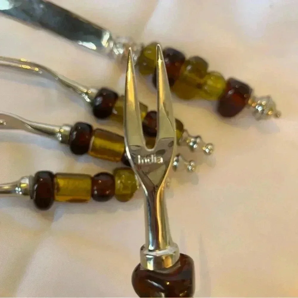 Vintage 1970s Silver Plated Green and Amber Beaded Party Serveware Set of 8